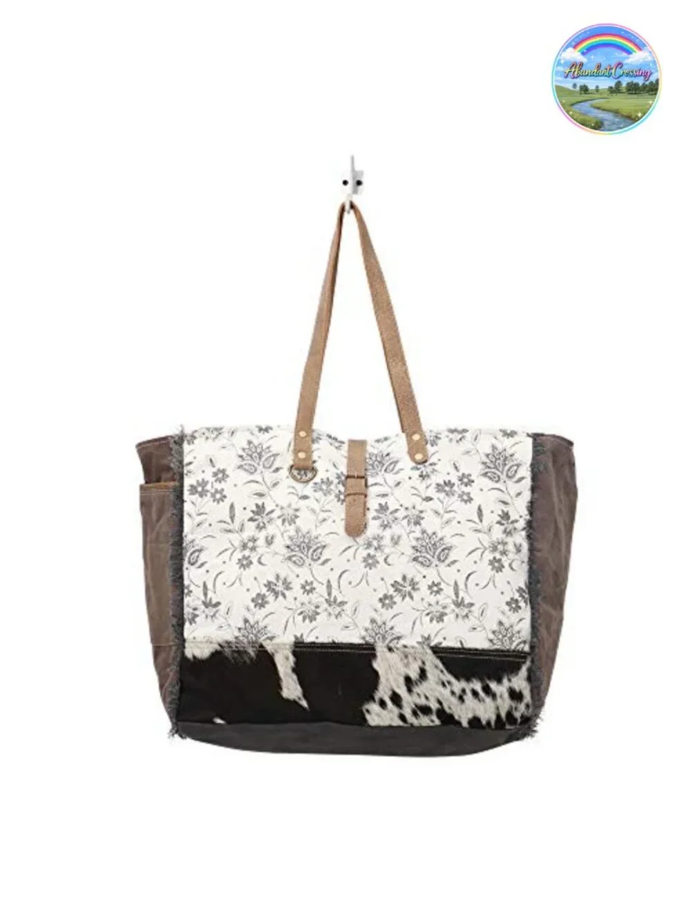 Canvas Floral Hobo Bag with Leather Strap - Women's Handbag